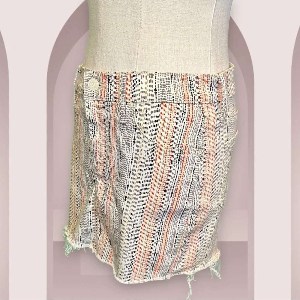 NWT MOTHER Denim ‘Straight Mini Fray’ Denim Skirt in “Mandarin” Orange Dot Print